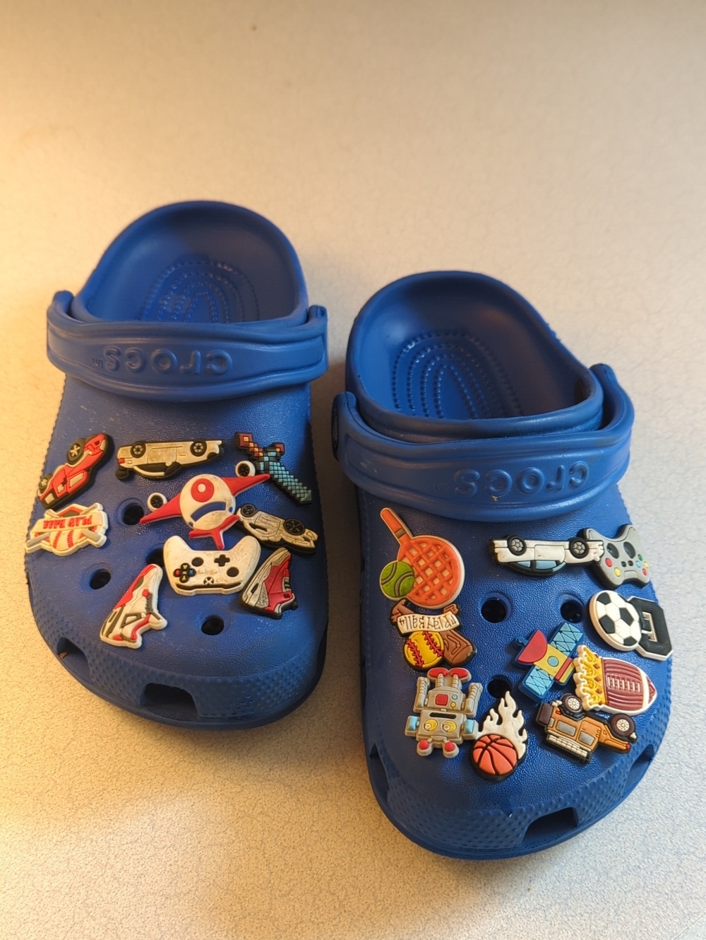 CROCS Kids Blue Clog Sandals with Fun Game & Sports Charms